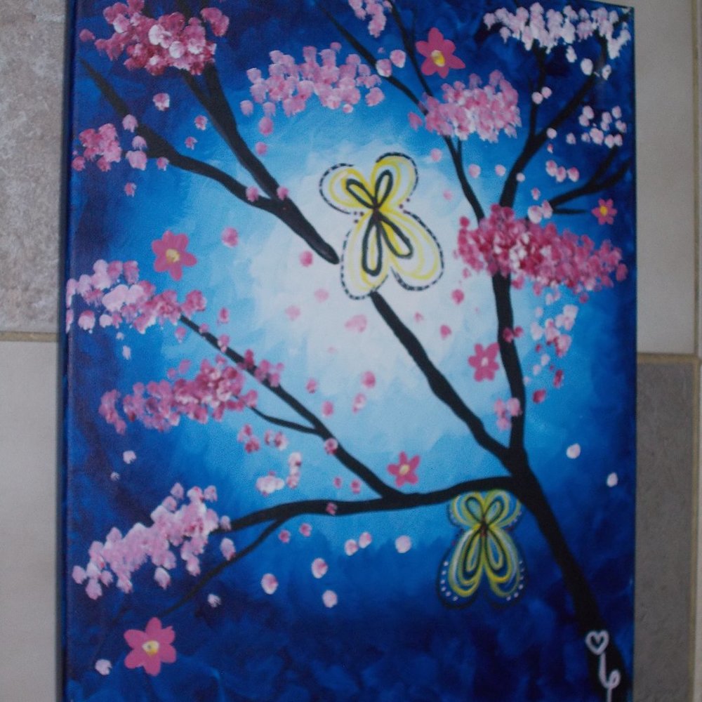 Apple Blossoms and Butterflies acrylic painting, 16"x20"
